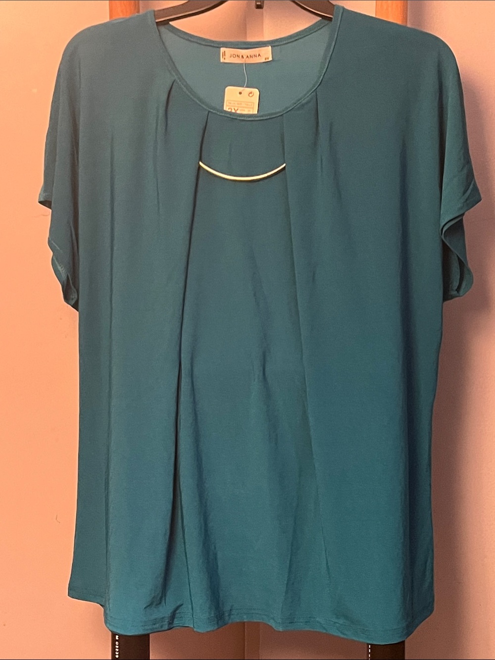 Jon & Anna Teal Short Sleeve Top with Front Pleats and Bar Detail NWT 2X New